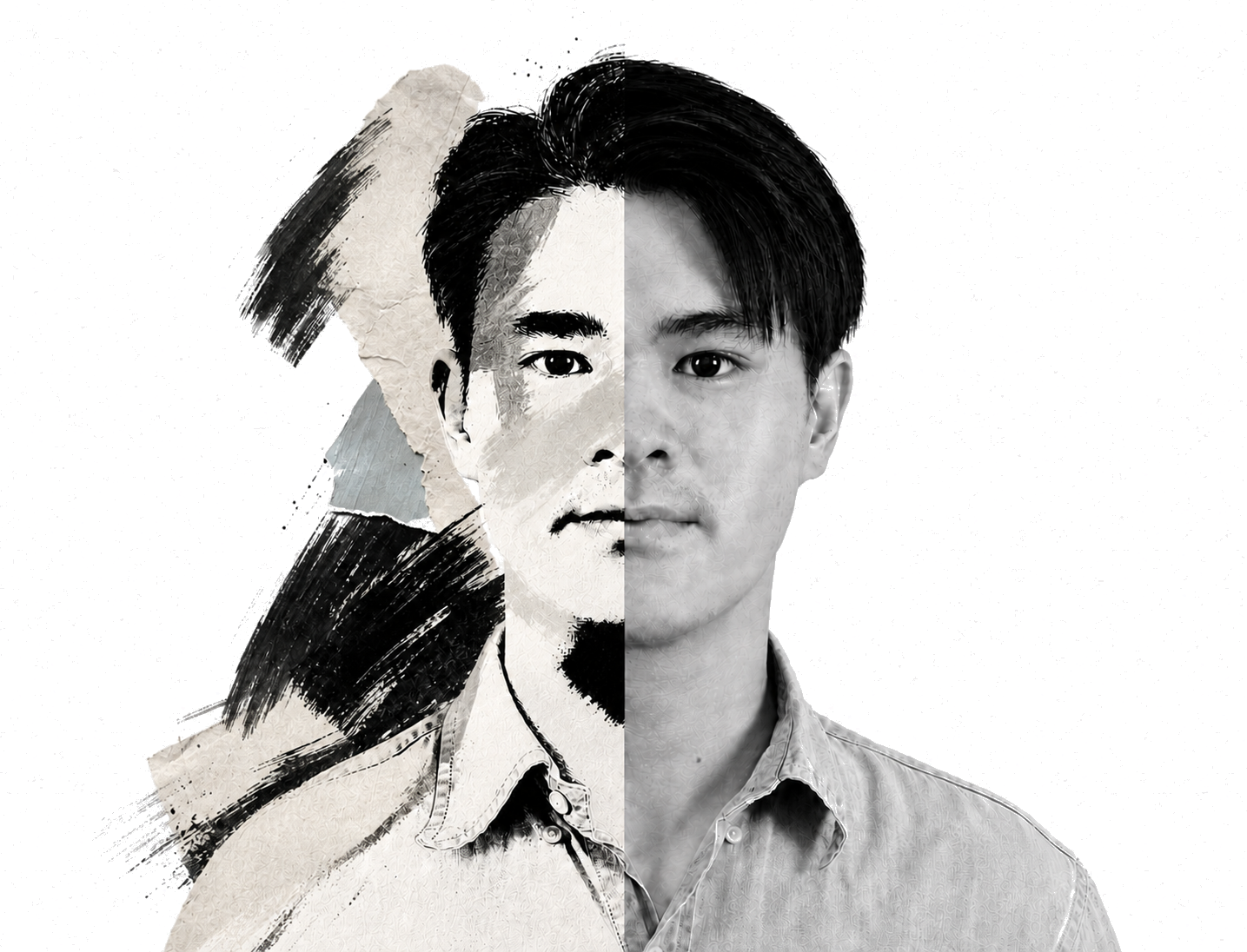 Monochrome portrait of Justin Lee with an ink collage treatment